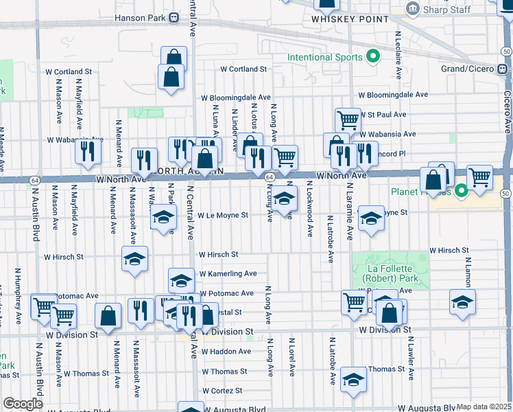 map of restaurants, bars, coffee shops, grocery stores, and more near 1529 North Lotus Avenue in Chicago