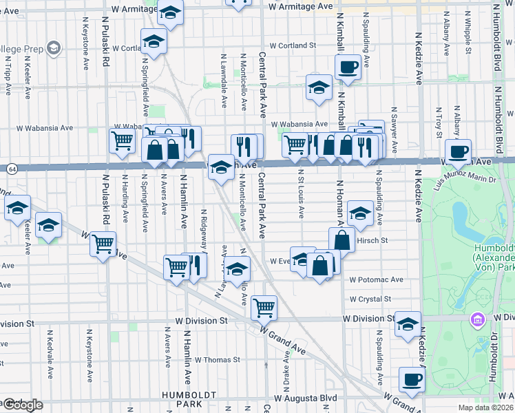 map of restaurants, bars, coffee shops, grocery stores, and more near 1508 North Central Park Avenue in Chicago