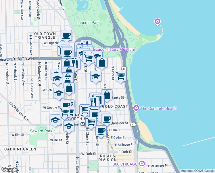 map of restaurants, bars, coffee shops, grocery stores, and more near 1425 North State Parkway in Chicago