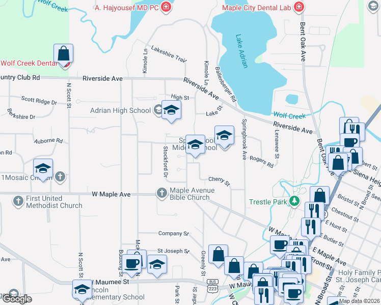 map of restaurants, bars, coffee shops, grocery stores, and more near 701 Loveland Road in Adrian