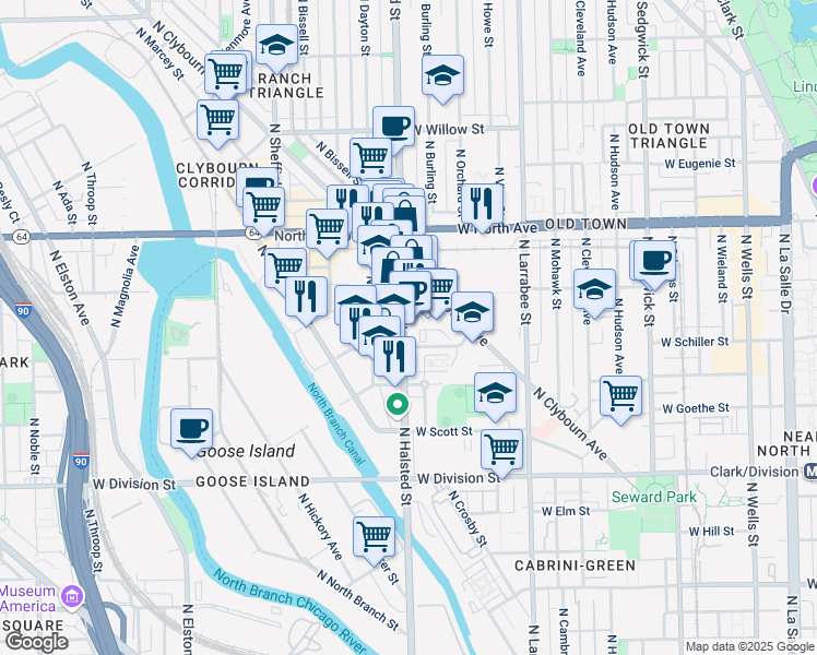 map of restaurants, bars, coffee shops, grocery stores, and more near 1457 North Halsted Street in Chicago