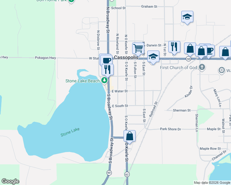 map of restaurants, bars, coffee shops, grocery stores, and more near 226 South Rowland Street in Cassopolis
