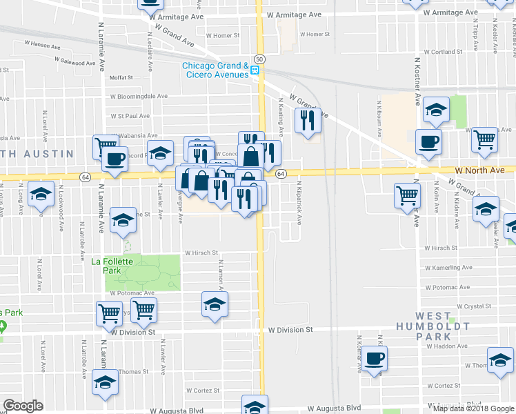 map of restaurants, bars, coffee shops, grocery stores, and more near 1510 North Cicero Avenue in Chicago