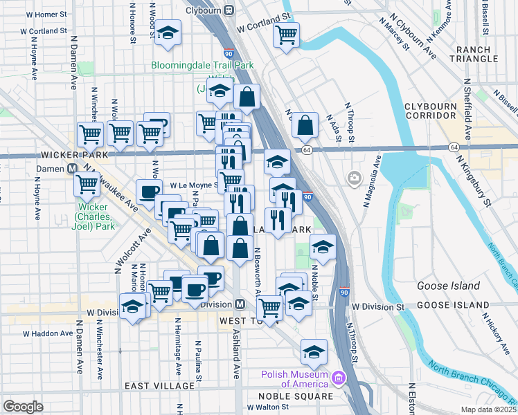 map of restaurants, bars, coffee shops, grocery stores, and more near 1435 North Bosworth Avenue in Chicago