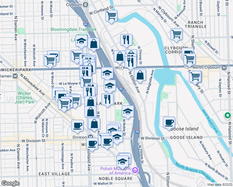 map of restaurants, bars, coffee shops, grocery stores, and more near 1433 North Cleaver Street in Chicago