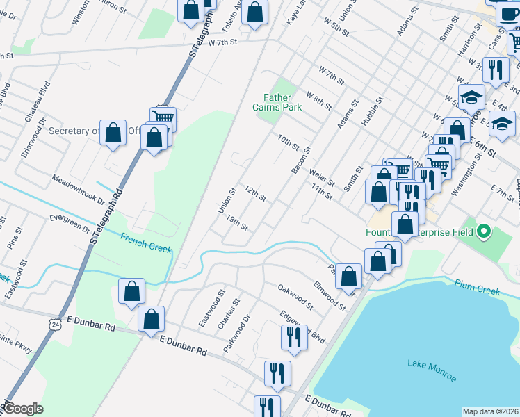 map of restaurants, bars, coffee shops, grocery stores, and more near 1206 Vineyard Drive in Monroe