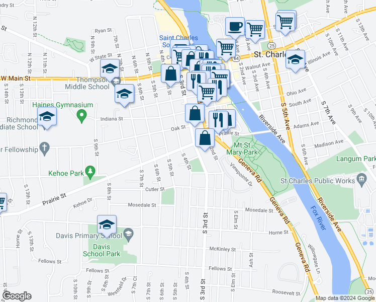 map of restaurants, bars, coffee shops, grocery stores, and more near 315 Prairie Street in St. Charles