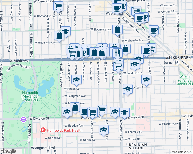 map of restaurants, bars, coffee shops, grocery stores, and more near 1448 North Maplewood Avenue in Chicago