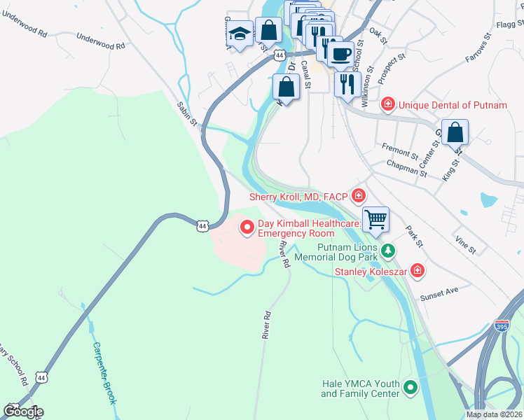 map of restaurants, bars, coffee shops, grocery stores, and more near 33 Quinebaug Avenue in Putnam