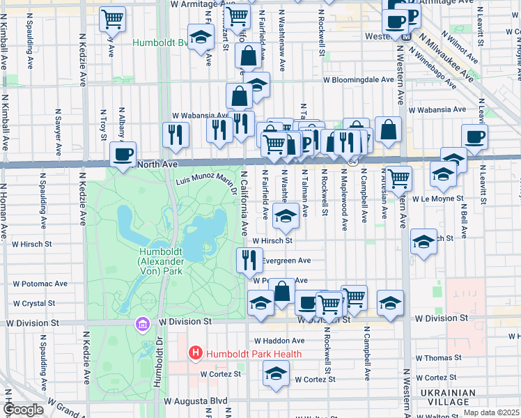 map of restaurants, bars, coffee shops, grocery stores, and more near 1502 North Fairfield Avenue in Chicago