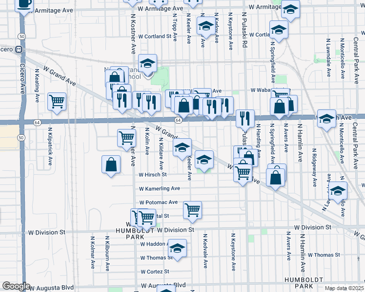 map of restaurants, bars, coffee shops, grocery stores, and more near 4214 West Grand Avenue in Chicago