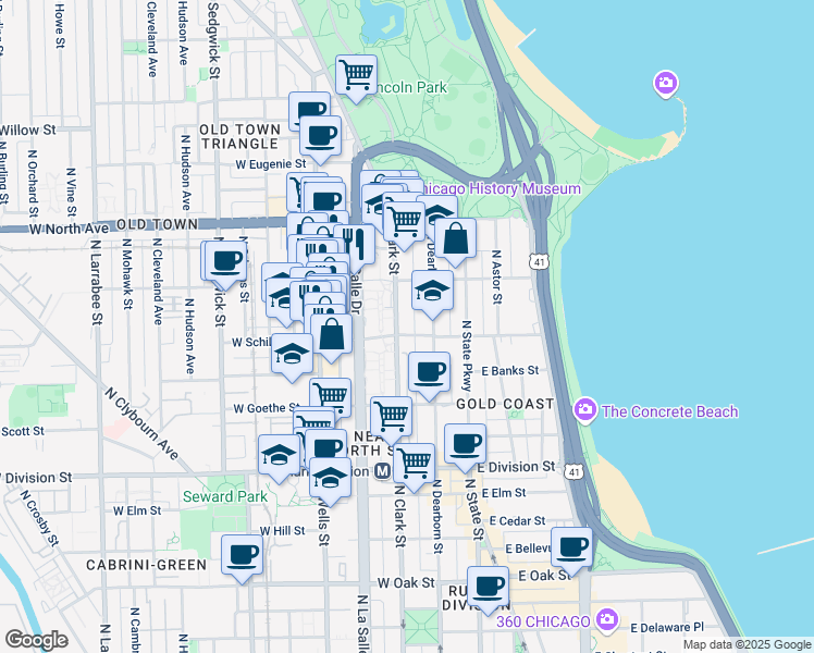 map of restaurants, bars, coffee shops, grocery stores, and more near 1418 North Sandburg Terrace in Chicago