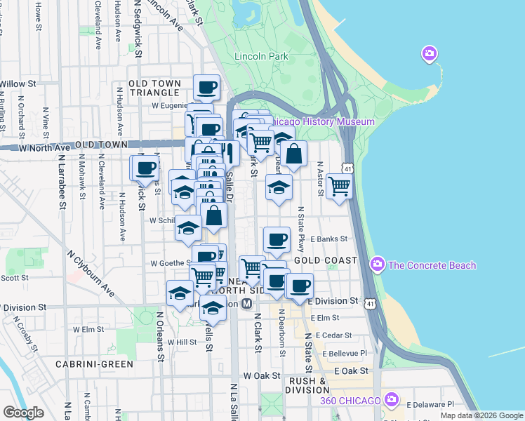 map of restaurants, bars, coffee shops, grocery stores, and more near 88 West Schiller Street in Chicago