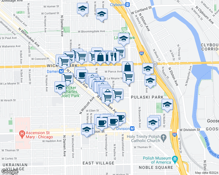map of restaurants, bars, coffee shops, grocery stores, and more near 1713 West Julian Street in Chicago