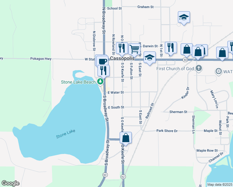 map of restaurants, bars, coffee shops, grocery stores, and more near 226 South Rowland Street in Cassopolis