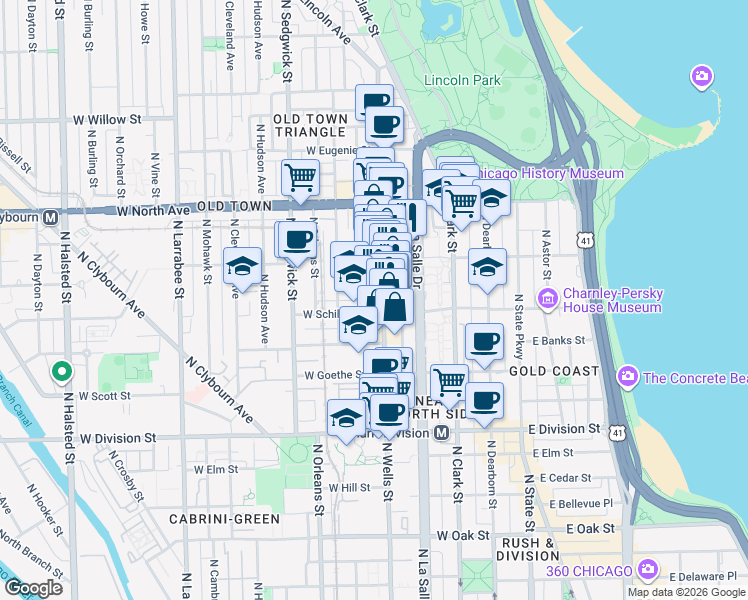 map of restaurants, bars, coffee shops, grocery stores, and more near 1429 North Wells Street in Chicago