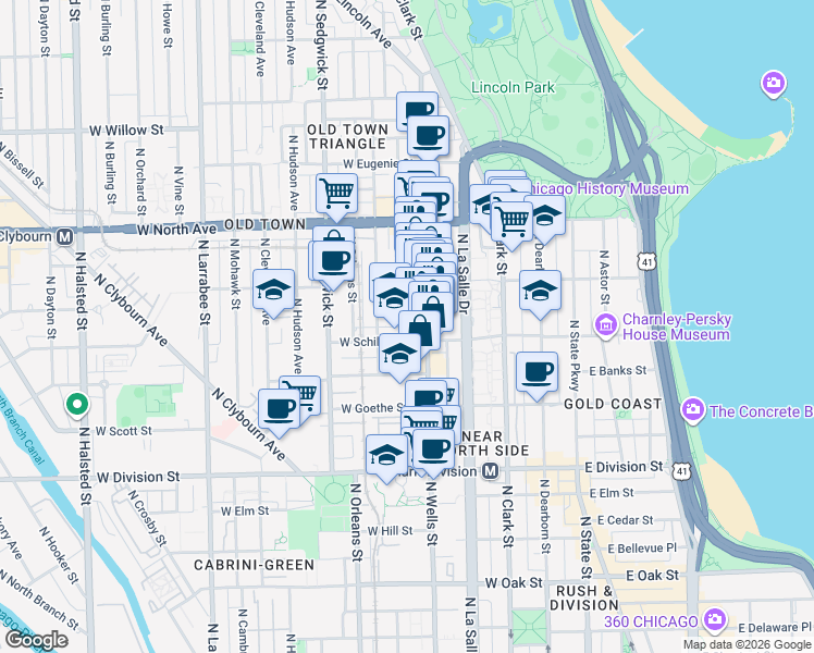 map of restaurants, bars, coffee shops, grocery stores, and more near 1430 North Wieland Street in Chicago