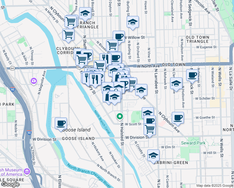 map of restaurants, bars, coffee shops, grocery stores, and more near 821 West Blackhawk Street in Chicago