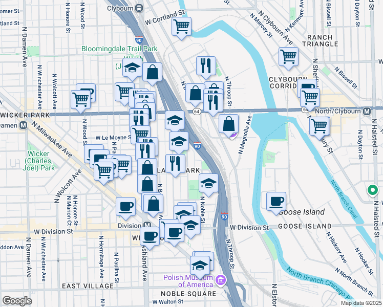 map of restaurants, bars, coffee shops, grocery stores, and more near 1432 North Noble Street in Chicago