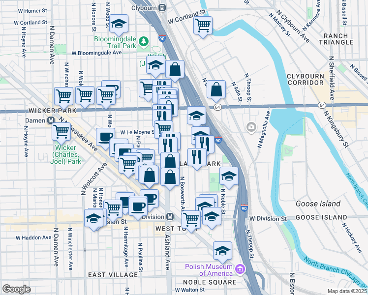 map of restaurants, bars, coffee shops, grocery stores, and more near 1451 North Bosworth Avenue in Chicago