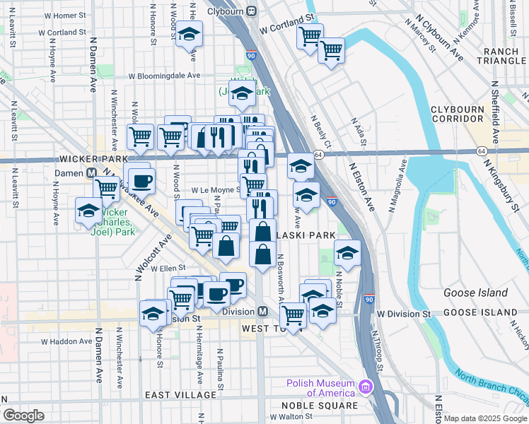 map of restaurants, bars, coffee shops, grocery stores, and more near in Chicago