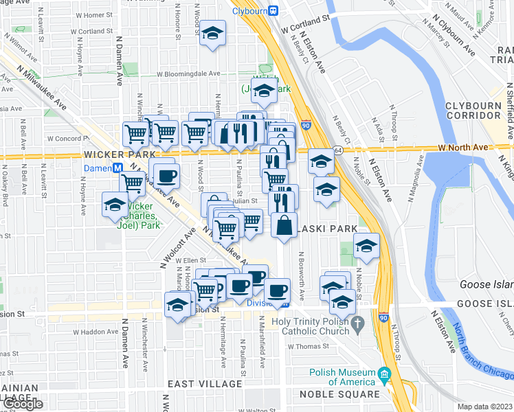 map of restaurants, bars, coffee shops, grocery stores, and more near 1632 West Julian Street in Chicago