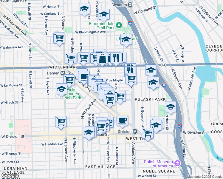 map of restaurants, bars, coffee shops, grocery stores, and more near in Chicago