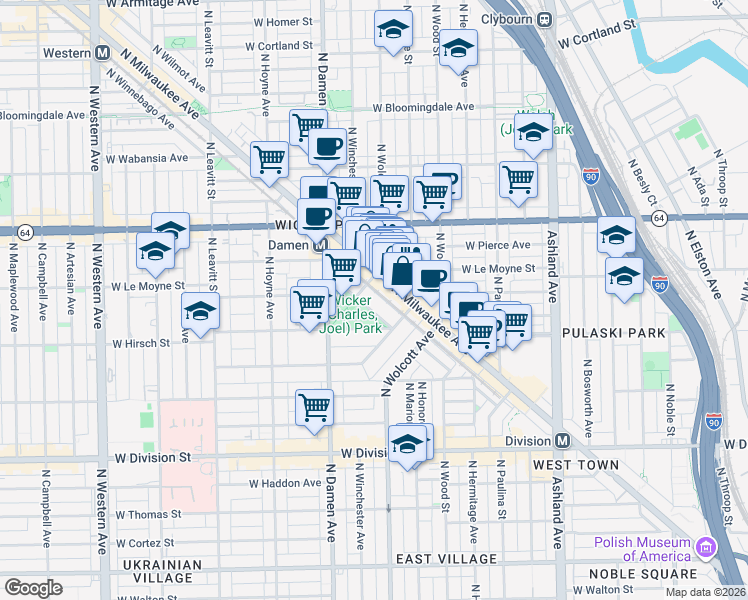 map of restaurants, bars, coffee shops, grocery stores, and more near 1474 North Milwaukee Avenue in Chicago