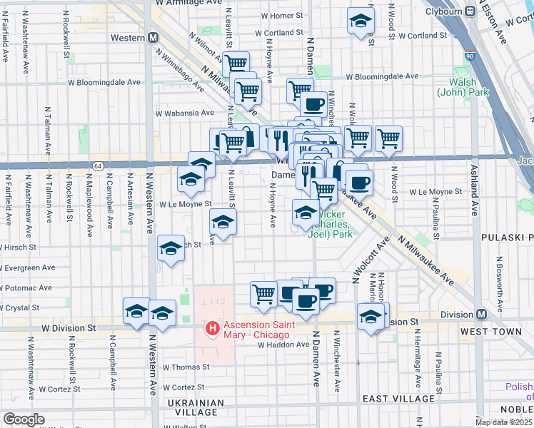 map of restaurants, bars, coffee shops, grocery stores, and more near 1505 North Hoyne Avenue in Chicago