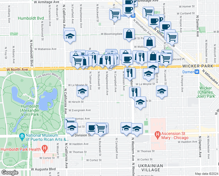 map of restaurants, bars, coffee shops, grocery stores, and more near 2511 West Le Moyne Street in Chicago