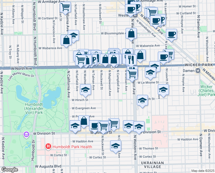 map of restaurants, bars, coffee shops, grocery stores, and more near in Chicago