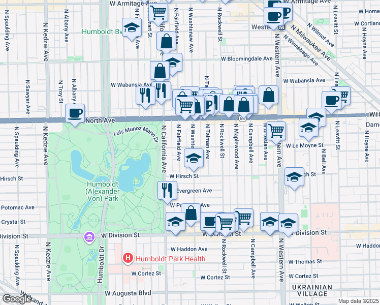 map of restaurants, bars, coffee shops, grocery stores, and more near 2654 West Le Moyne Street in Chicago