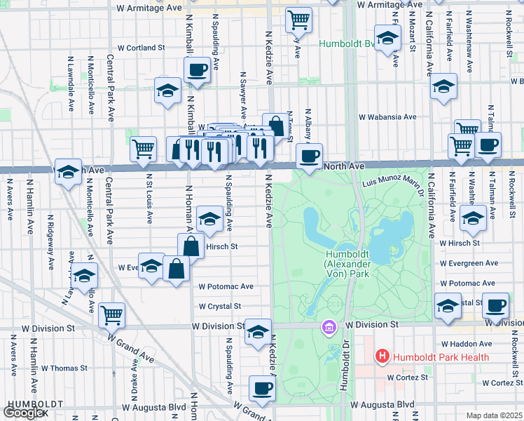 map of restaurants, bars, coffee shops, grocery stores, and more near 3226 West Le Moyne Street in Chicago