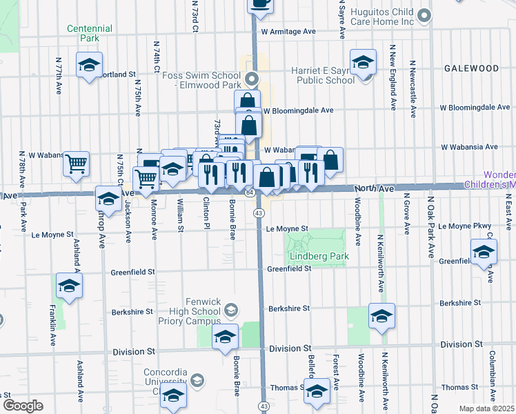 map of restaurants, bars, coffee shops, grocery stores, and more near in River Forest