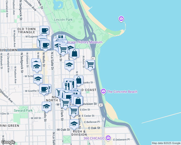 map of restaurants, bars, coffee shops, grocery stores, and more near 1400 North Lake Shore Drive in Chicago