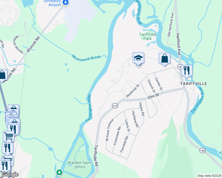 map of restaurants, bars, coffee shops, grocery stores, and more near 34 White Water Turn in Simsbury
