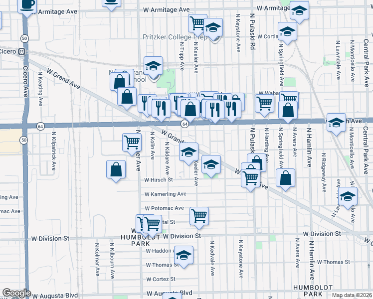 map of restaurants, bars, coffee shops, grocery stores, and more near 4214 West Grand Avenue in Chicago