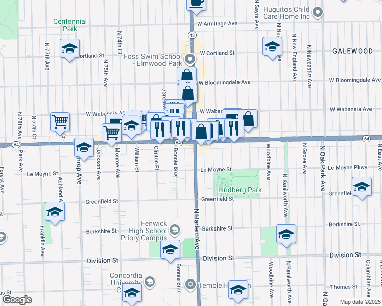 map of restaurants, bars, coffee shops, grocery stores, and more near 1528 North Harlem Avenue in Oak Park