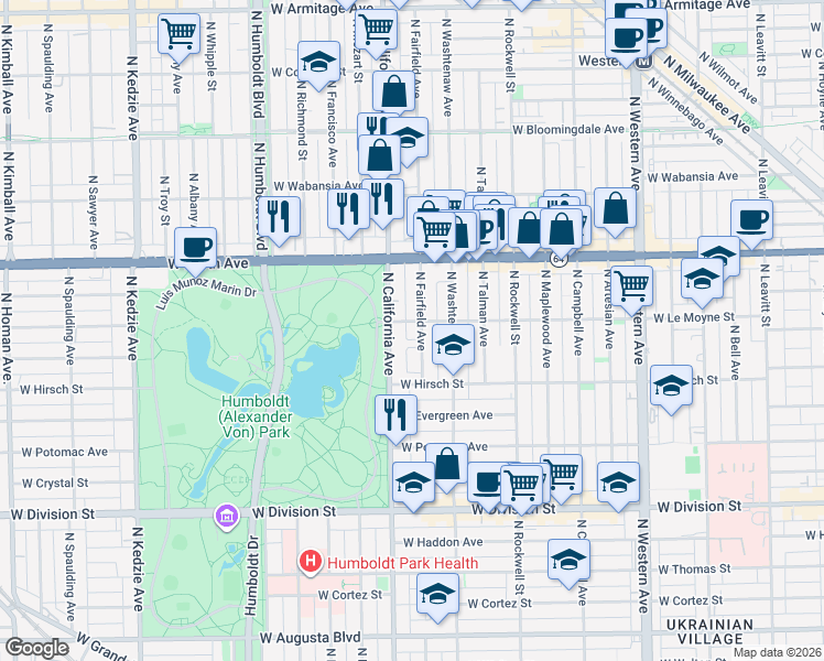 map of restaurants, bars, coffee shops, grocery stores, and more near 1502 North Fairfield Avenue in Chicago
