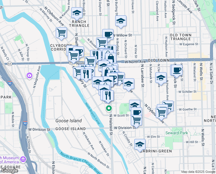 map of restaurants, bars, coffee shops, grocery stores, and more near 1460 North Halsted Street in Chicago