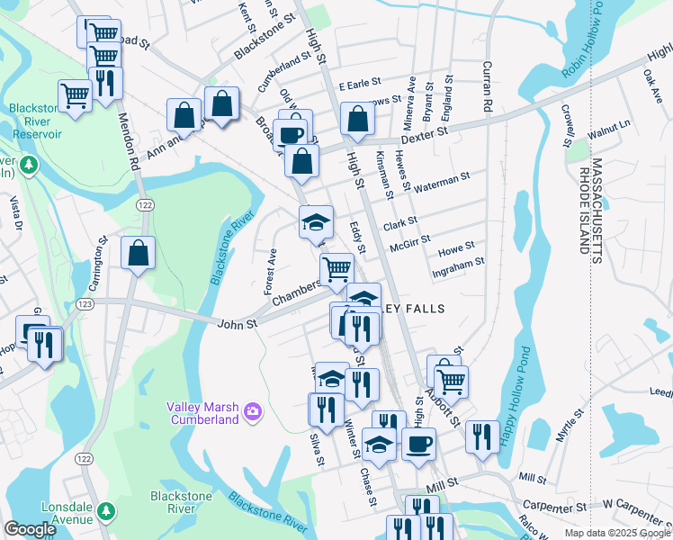 map of restaurants, bars, coffee shops, grocery stores, and more near 335 Broad Street in Cumberland