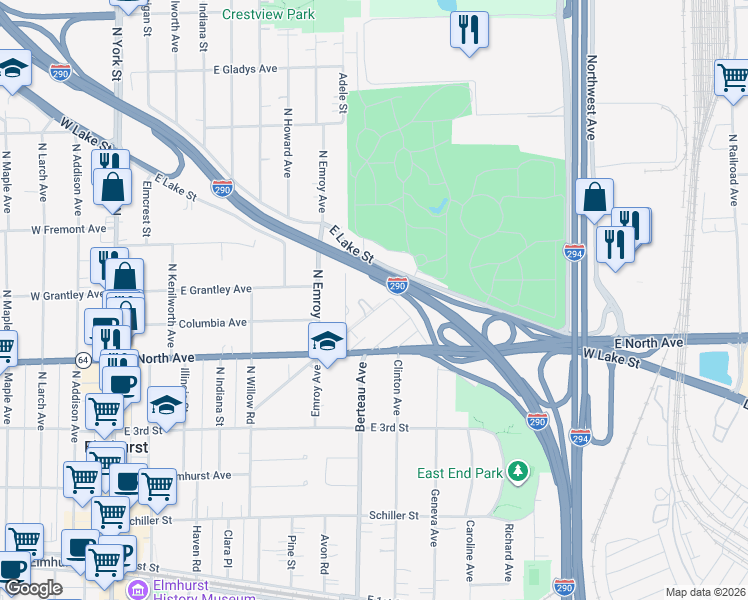 map of restaurants, bars, coffee shops, grocery stores, and more near 250 Melrose Avenue in Elmhurst