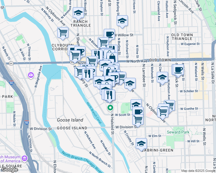 map of restaurants, bars, coffee shops, grocery stores, and more near 1457 North Halsted Street in Chicago