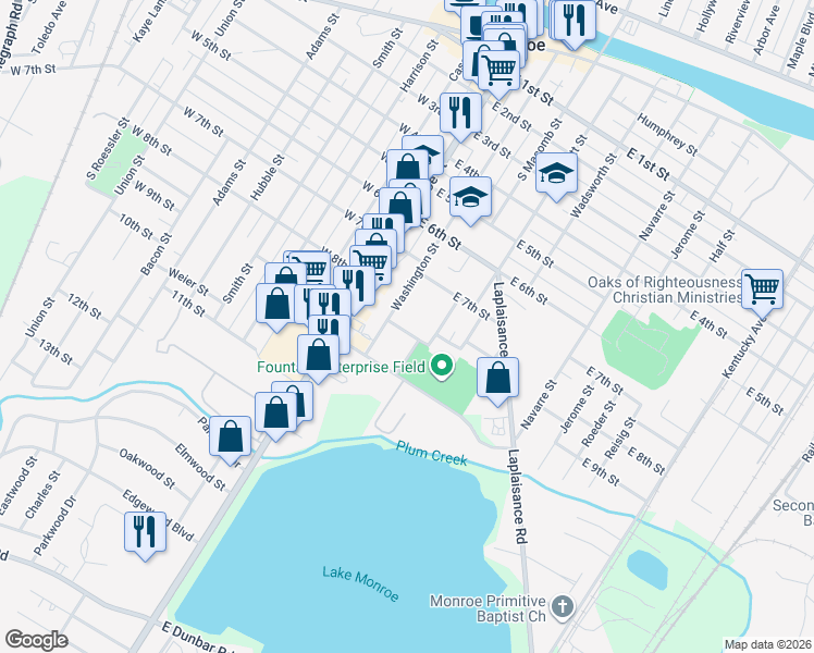 map of restaurants, bars, coffee shops, grocery stores, and more near 725 Washington Street in Monroe