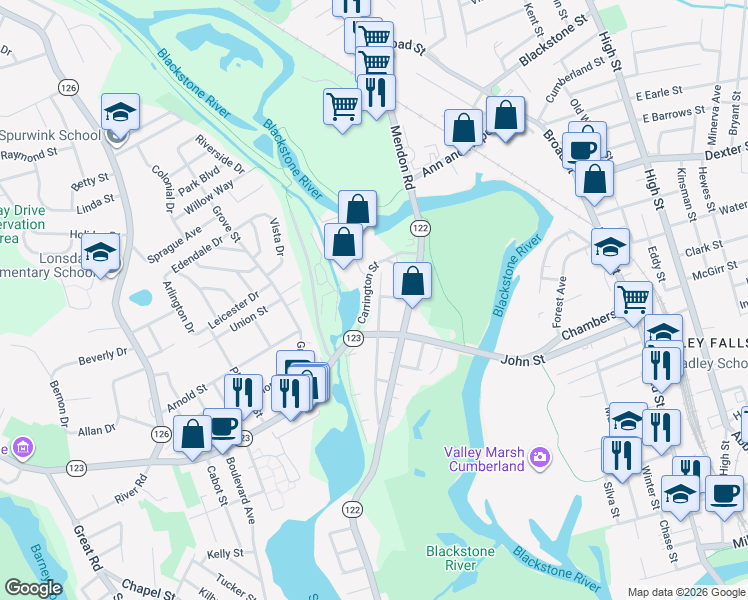 map of restaurants, bars, coffee shops, grocery stores, and more near 170 Lonsdale Main Street in Lincoln