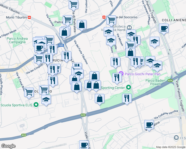 map of restaurants, bars, coffee shops, grocery stores, and more near 161 Via del Forte Tiburtino in Rome