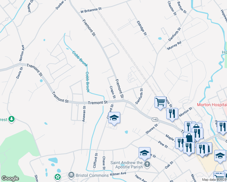 map of restaurants, bars, coffee shops, grocery stores, and more near 13 Crapo Street in Taunton