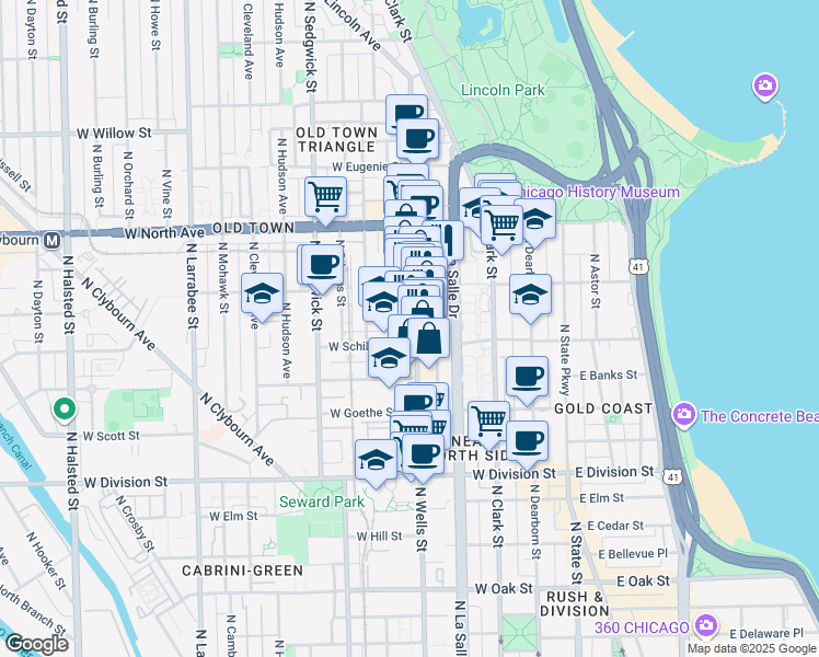 map of restaurants, bars, coffee shops, grocery stores, and more near 1414 North Wells Street in Chicago
