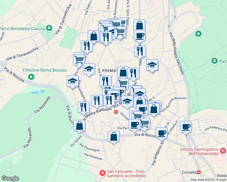 map of restaurants, bars, coffee shops, grocery stores, and more near Via Fausta Labia in Roma
