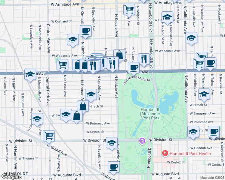 map of restaurants, bars, coffee shops, grocery stores, and more near 3226 West Le Moyne Street in Chicago